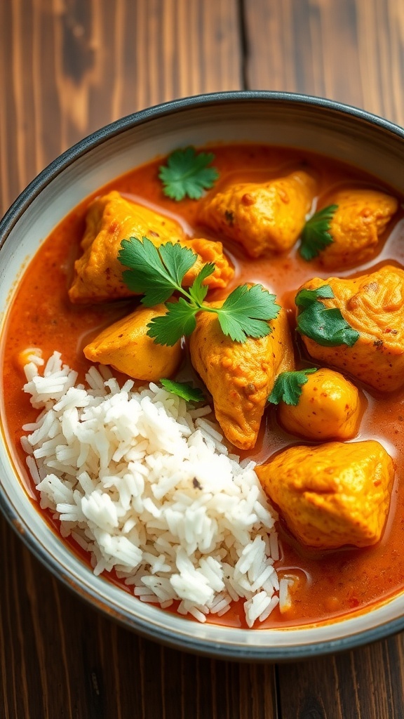A bowl of spicy chicken curry with rice, garnished with cilantro on a rustic table.
